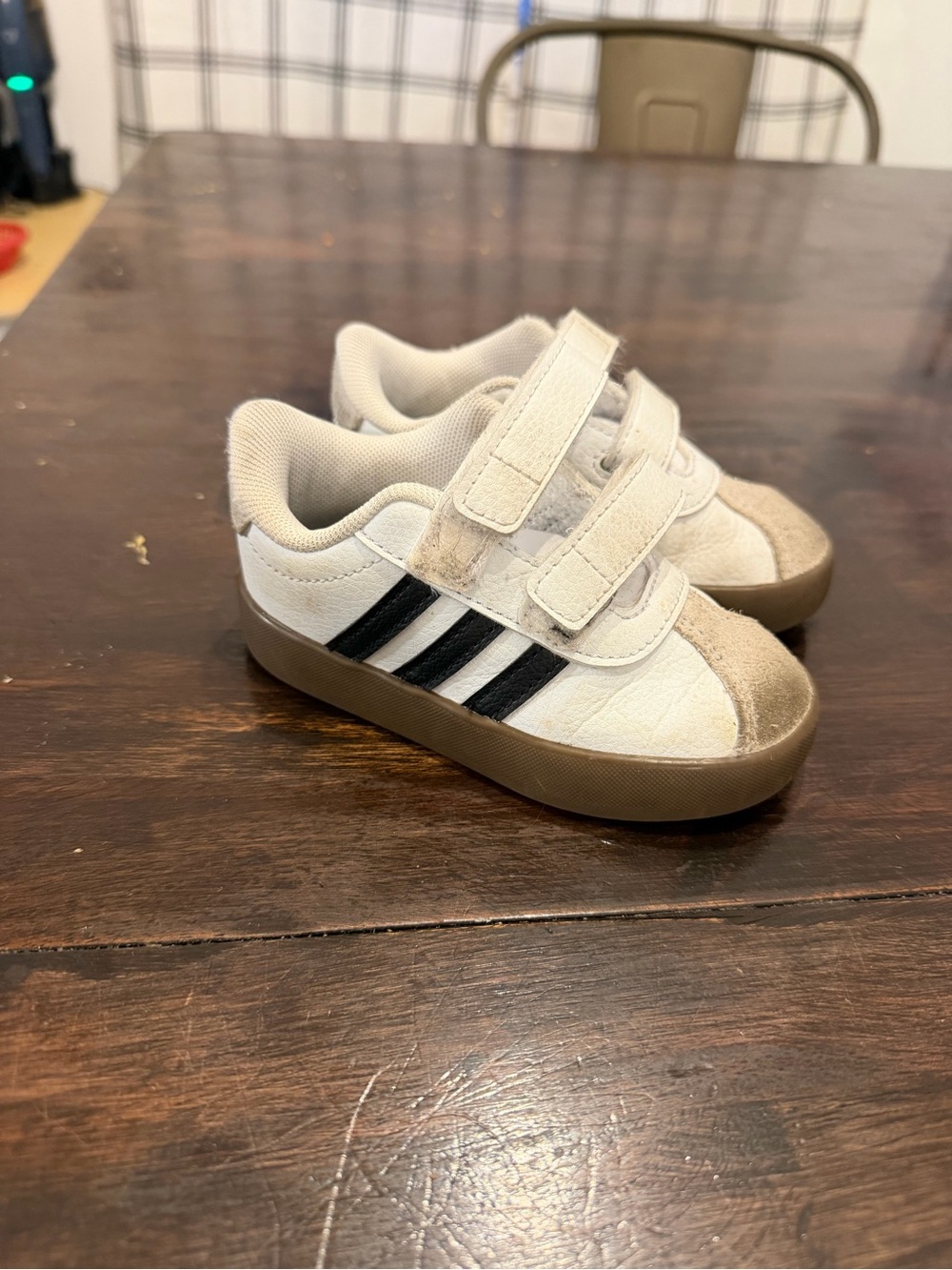 adidas Kids White Sneakers with Black Stripes and Brown Sole